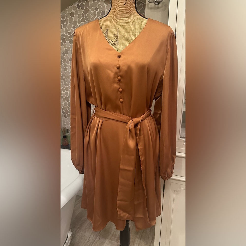 Long Sleeve Satin Dress in Rich Brown